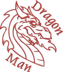 Fierce dragon head in bold red outline with text 'Dragon Man' curving around. Fantasy themed design.