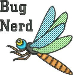 Colorful dragonfly with vibrant blue and green wings and detailed brown abdomen beside 'Bug Nerd' text.