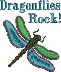 Playful dragonfly with teal and green wings, pink outlines, and 'Dragonflies Rock!' text in vibrant colors.