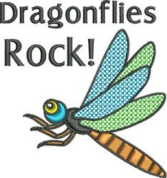 Colorful dragonfly with intricate blue and green wings and bold text 'Dragonflies Rock!' in a whimsical design.