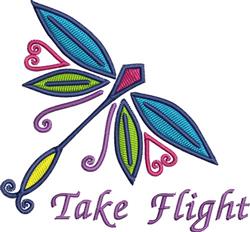 Colorful dragonfly with detailed blue and purple wings, embroidered 'Take Flight' script below.