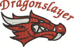 Fierce red dragon head with bold black outlines and exaggerated features, 'Dragonslayer' in dynamic orange text.
