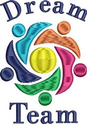 Textual design featuring playful human icons in vibrant colors, 'Dream Team' in bold navy, ideal for team events.