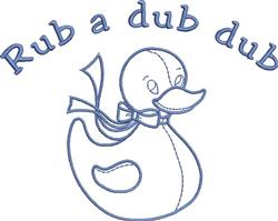 Playful cartoon duck in a bowtie with 'Rub a dub dub' text above, designed for nursery decor.