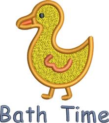 Cheerful yellow duck with pink swirl and orange beak, embroidered 'Bath Time' in blue, playful theme.