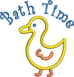 Playful duck with yellow outline and orange accents, featuring 'Bath Time' in blue text, perfect for kids.