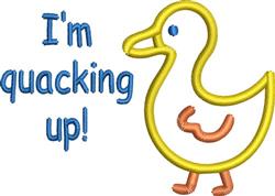Cartoon duck with yellow outline, orange wing accent, and blue 'I'm quacking up!' text. Perfect for playful home decor.