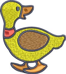 Cartoon duck with a yellow body, orange beak, and brown patch, ideal for cheerful children's items.