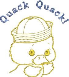 Cute duck with large eyes wearing a hat, embroidered with 'Quack Quack!' in playful text.