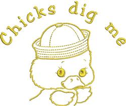 Playful duckling wearing a cap with big eyes, above it reads 'Chicks dig me' in cheerful text.
