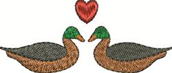 Two playful ducks with vibrant green heads and brown bodies beneath a red heart, perfect for whimsical embroidery.