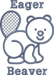 Playful cartoon beaver with a grid-patterned tail and blue outline, featuring 'Eager Beaver' text.
