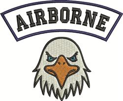 Eagle head design in fierce expression with bold 'AIRBORNE' banner. Military-inspired, in contrasting colors.