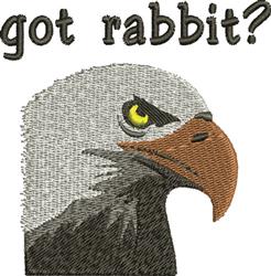 Playful eagle head with a striking yellow eye and prominent beak, featuring humorous 'got rabbit?' text.