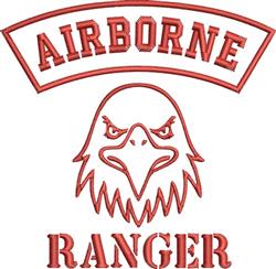 Bold eagle illustration with fierce expression flanked by 'AIRBORNE' and 'RANGER' in striking red. Ideal for patriotic appare