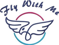 Stylized eagle wing in flowing lines with bold 'Fly With Me' text above, vibrant in blue, red, and pink.