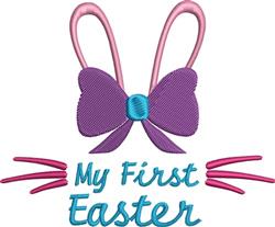 Easter bow with bunny ears, featuring a playful purple bow, pink ears, and bright blue text 'My First Easter'.