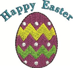 Colorful Easter egg with zigzag patterns in purple, yellow, and green, with 'Happy Easter' in teal above.