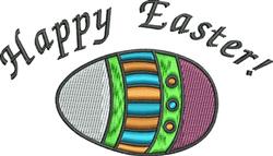 Colorful Easter egg with vibrant green, blue, orange, and purple patterns, featuring 'Happy Easter!' text above.