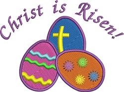 Colorful Easter eggs with zigzag and dot patterns, festive text 'Christ is Risen!' in purple.