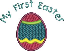 Colorful Easter egg with zigzag and wave patterns, featuring playful 'My First Easter' text above.