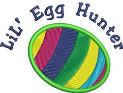 Colorful Easter egg with vibrant stripes in green, pink, yellow, and blue, featuring 'LiL' Egg Hunter text.