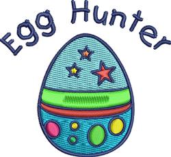 Colorful decorative egg for Easter features a blue base with vibrant dots and playful stars, saying 'Egg Hunter'.