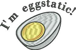 Whimsical egg with a golden yolk and white shell, featuring 'I'm eggstatic!' text, perfect for Easter decor.