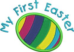 Playful Easter egg with colorful stripes and bright green outline, featuring 'My First Easter' in light blue, perfect for kid