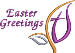 Easter Greetings text in elegant script with a decorative leaf design, featuring contrasting purple, orange, and grey colors.