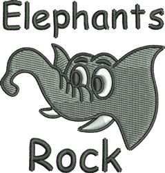 Playful gray elephant face with large ears and expressive eyes, stitched with 'Elephants Rock'.
