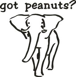 Playful elephant outline in a walking pose with bold black lines, text 'got peanuts?' adds whimsy.