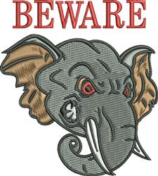 Detailed elephant head with fierce red eyes and prominent tusks, featuring bold 'BEWARE' text in red.
