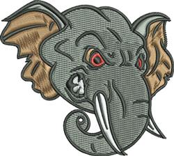 Stylized elephant head with large ears, sharp tusks, grey and beige accents, and bright red eyes in a playful design.