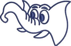 Playful cartoon elephant head with large eyes and a curved trunk, outlined in dark blue thread on white.