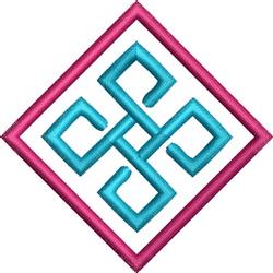 Applique endless knot design in bright turquoise, framed by a pink diamond outline, featuring modern geometric shapes.