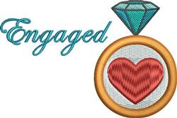 Playful engagement ring design with a diamond and heart, featuring 'Engaged' scripted in teal and vibrant colors.
