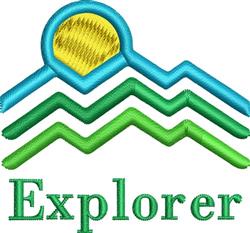 Modern applique design featuring an abstract sun with yellow rays and green zigzag mountains, showcasing ‘Explorer’ text.