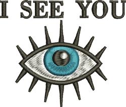 Bold eye design featuring a vibrant blue iris and spiky details, with text 'I SEE YOU' for an edgy graphic appeal.