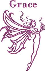 Elegant fairy with flowing wings in purple outline, gracefully posed against a white background, conveying a whimsical vibe.