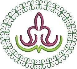 Decorative floral design featuring pink motifs and swirling green lines within a circular border.