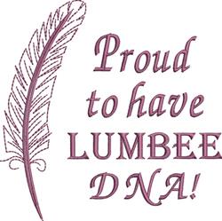 Stylized feather and bold text expressing pride in Lumbee heritage, featuring rich maroon and purple hues.