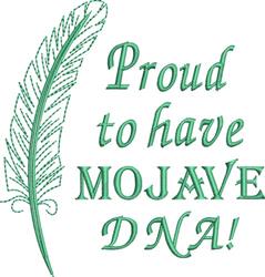 Stylized green feather with playful text 'Proud to have MOJAVE DNA!' in a whimsical font on a vibrant background.