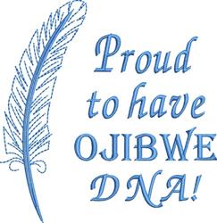 Stylish blue feather with bold text 'Proud to have OJIBWE DNA!' in a modern design.