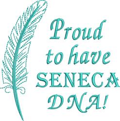 Stylized feather with elegant lines in soft teal, plus text 'Proud to have SENECADNA!' in a modern style.