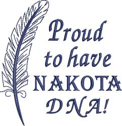 Stylized feather in deep blue alongside bold text 'Proud to have NAKOTA DNA!' on light background.