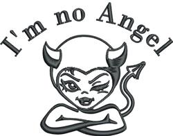 Cartoonish female devil character with horns and a playful wink, arms crossed, with 'I'm no Angel' text above her.