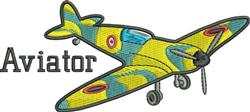 Colorful fighter plane with yellow and green hues, red details, and 'Aviator' in bold black, perfect for playful embroidery.