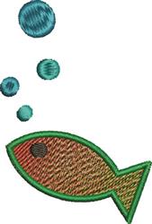 Playful fish with a textured orange body and green outline, surrounded by blue bubbles in a vibrant aquatic design.