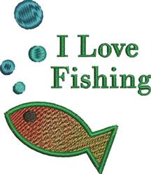 Playful fish in orange and green swim among blue bubbles with 'I Love Fishing' in bold green above.